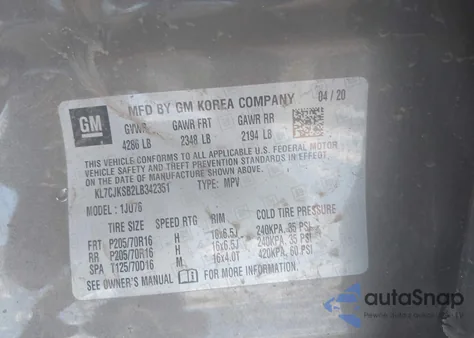 2020 Chevrolet Trax Fwd Ls из США, поврежденный, VIN KL7CJKSB2LB342351